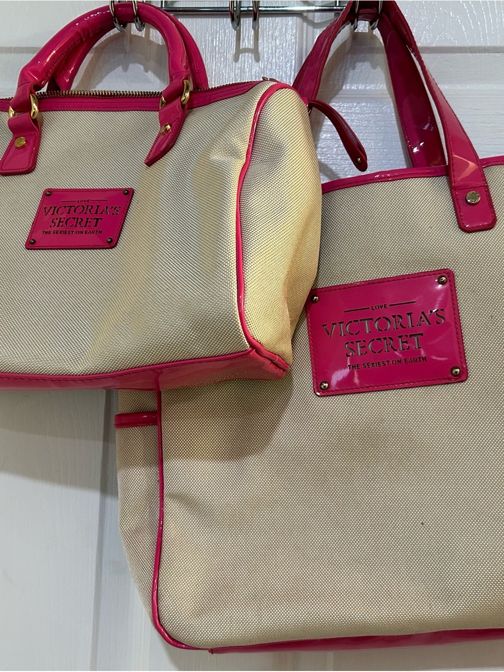 Victoria's Secret Cream and Hot Pink Tote & Satchel Set